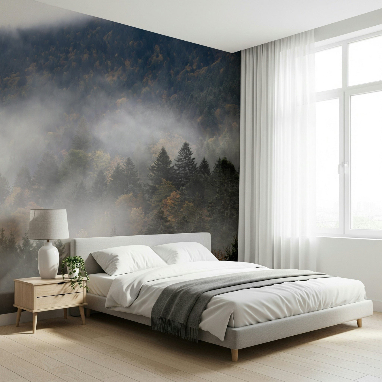 Autumn Haze mural Dense forest cloaked in thick, mysterious fog layers.