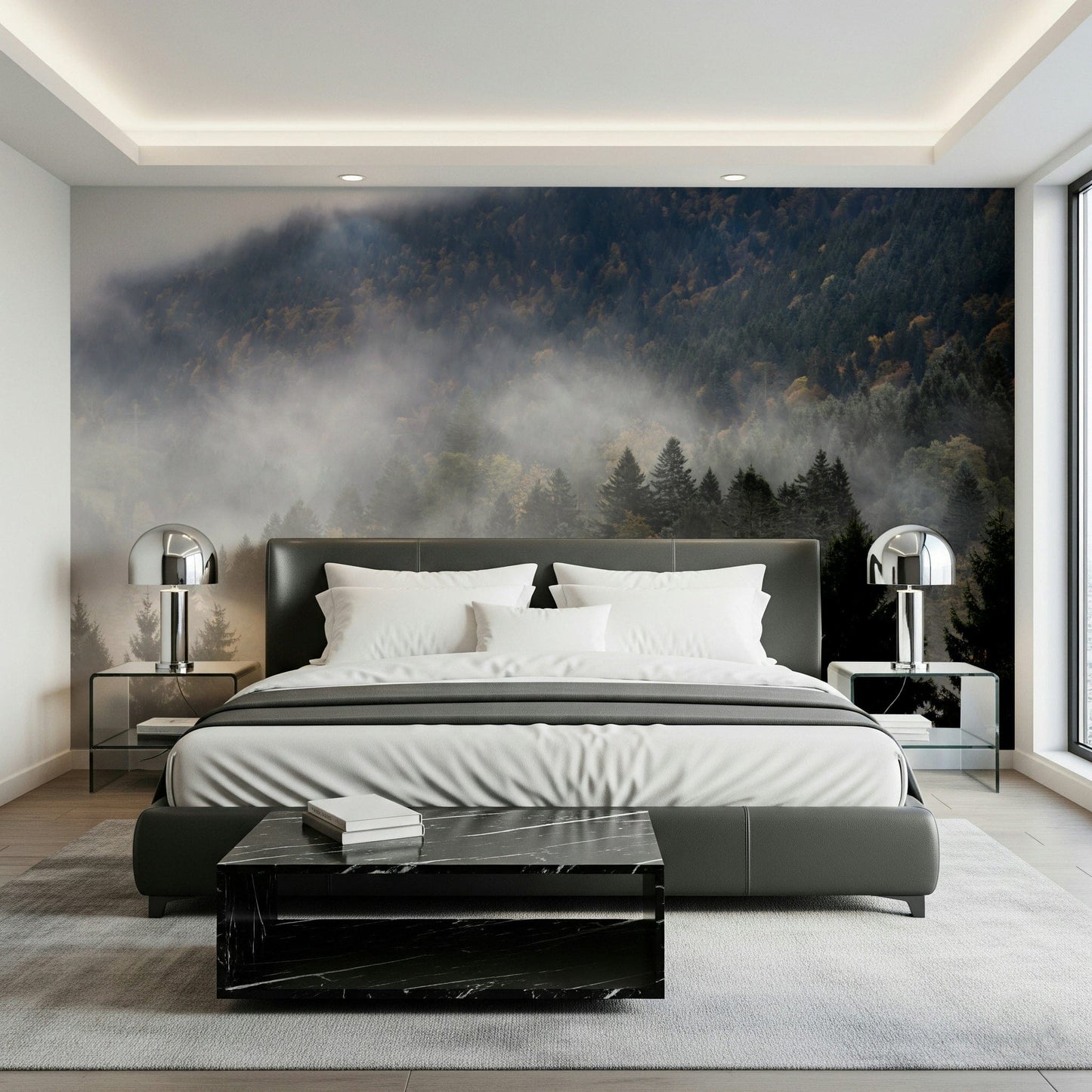 Wallpaper, Autumn Haze, hazy mountainside, tranquil dark wood forest print.
