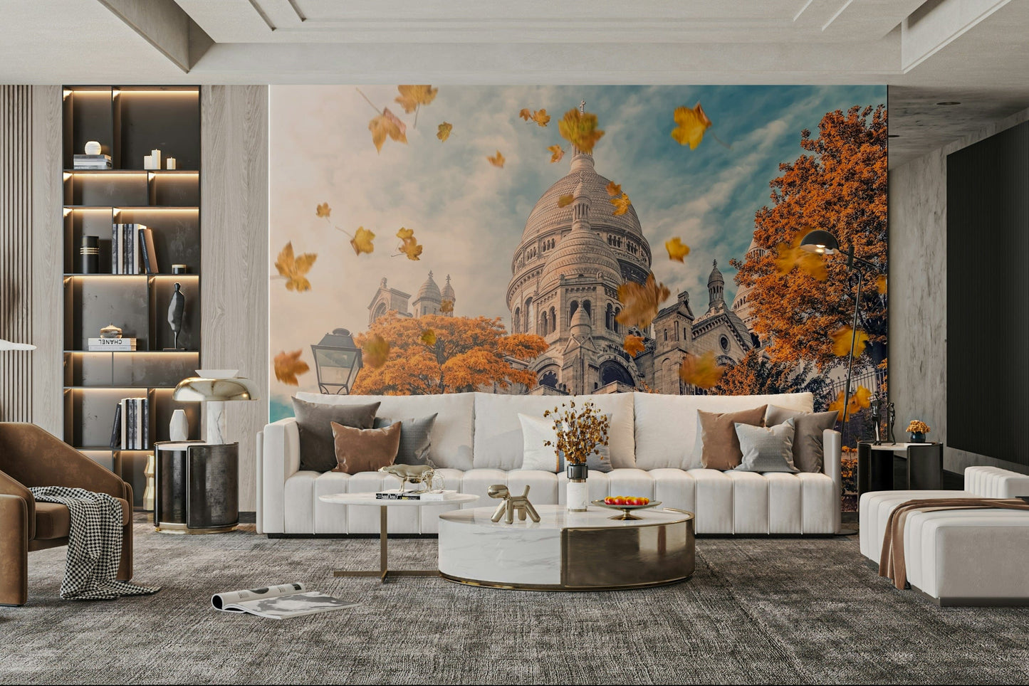 A graceful subtle street wall mural in warm, autumnal tones.

