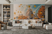 A graceful subtle street wall mural in warm, autumnal tones.

