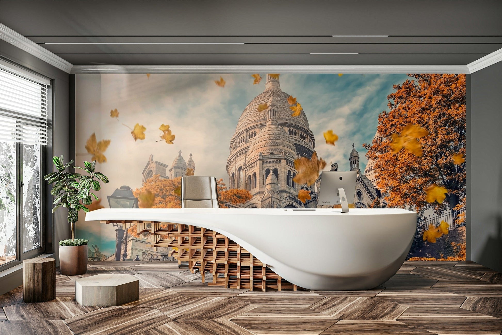An artistic French village mural on minimalist wallpaper.

