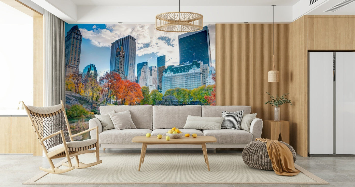 Stunning Autumn in the City wallpaper featuring bright red foliage pond.
