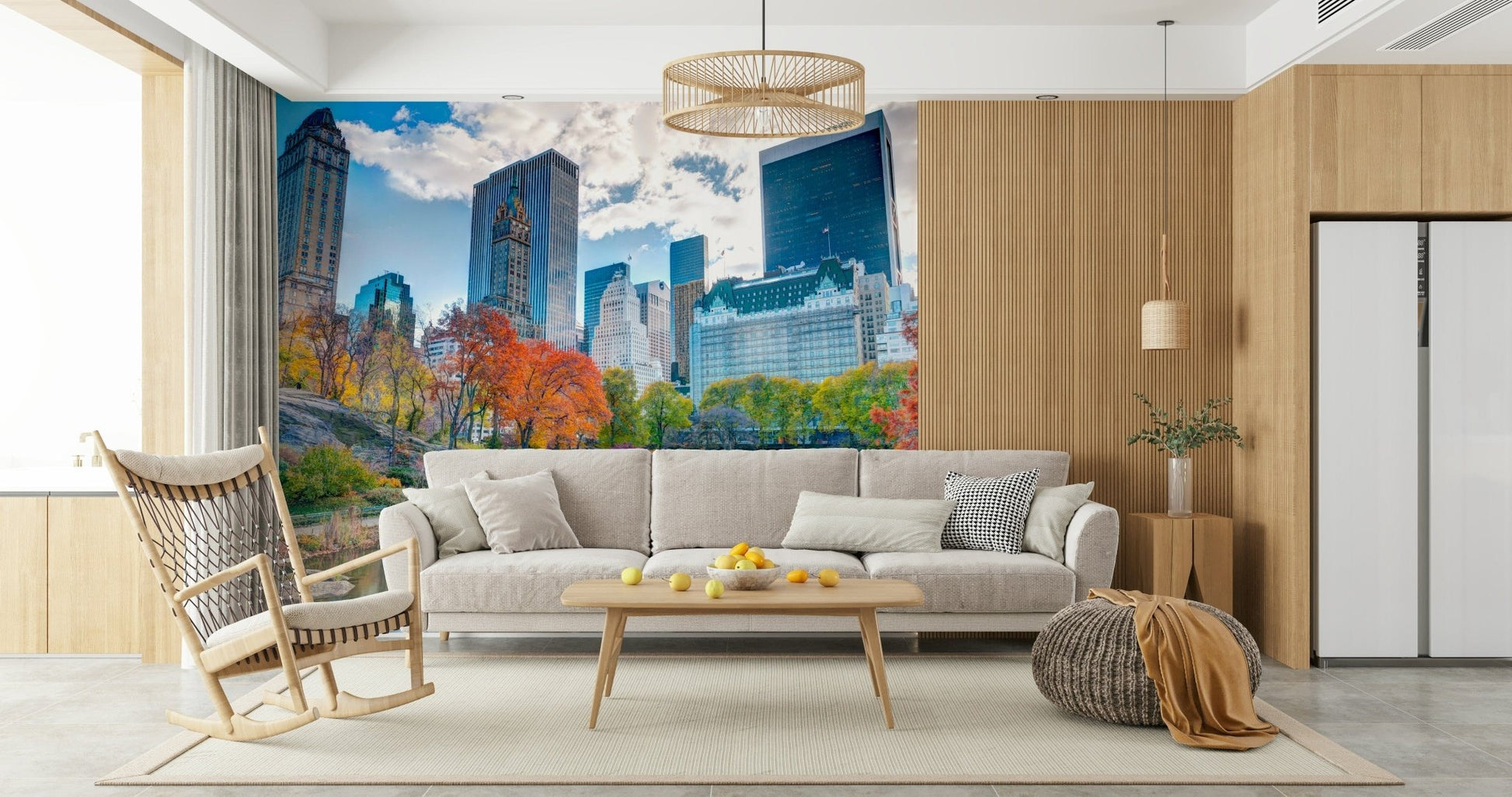 Stunning Autumn in the City wallpaper featuring bright red foliage pond.