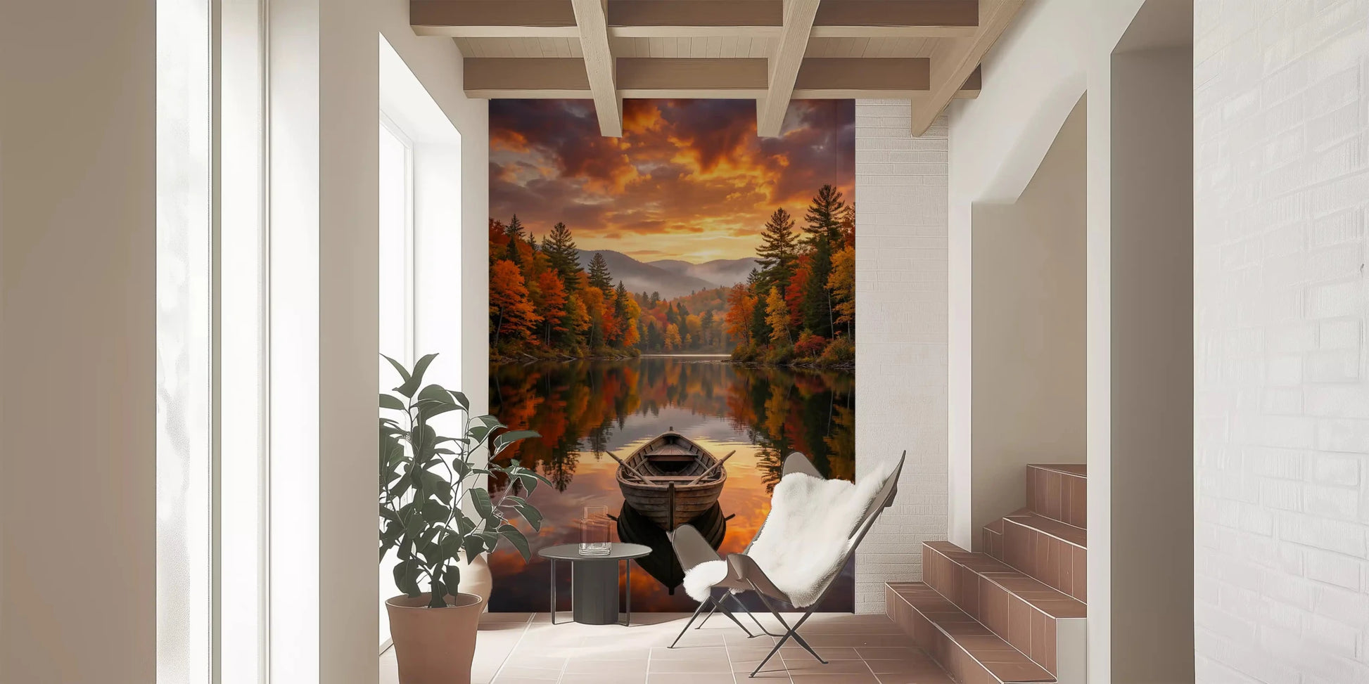 Entryway forest lake wall mural Autumn Lake Serenity boat reflection