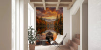 Entryway forest lake wall mural Autumn Lake Serenity boat reflection