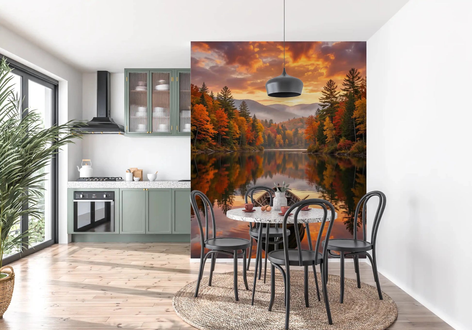 Dining room autumn lake landscape wall mural Autumn Lake Serenity with boat view