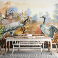 Autumn landscape & crane birds watercolor wallpaper - Giffywalls