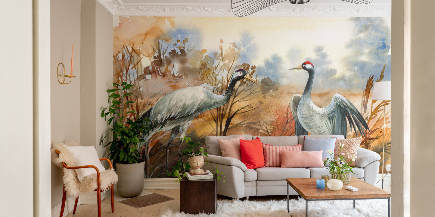 Autumn landscape & crane birds watercolor wallpaper - Giffywalls