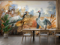 Elegant autumn landscape with crane birds wallpaper
