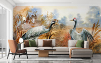Crane birds flying in autumn watercolor wallpaper