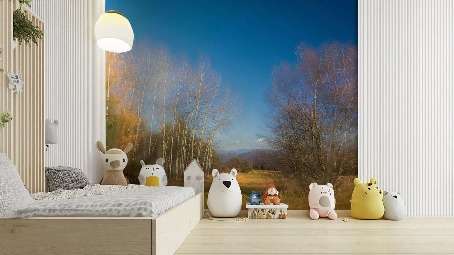 Sunlight filters through the branches, creating a warm glow.

