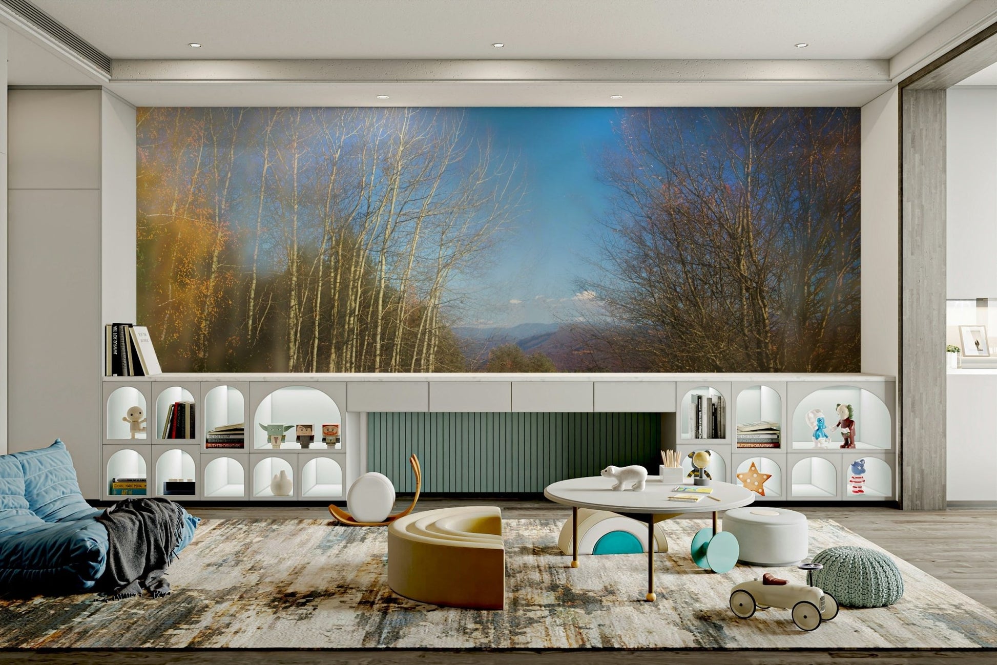 The colors of the mural are warm and inviting, mostly yellows, oranges, and blues.

