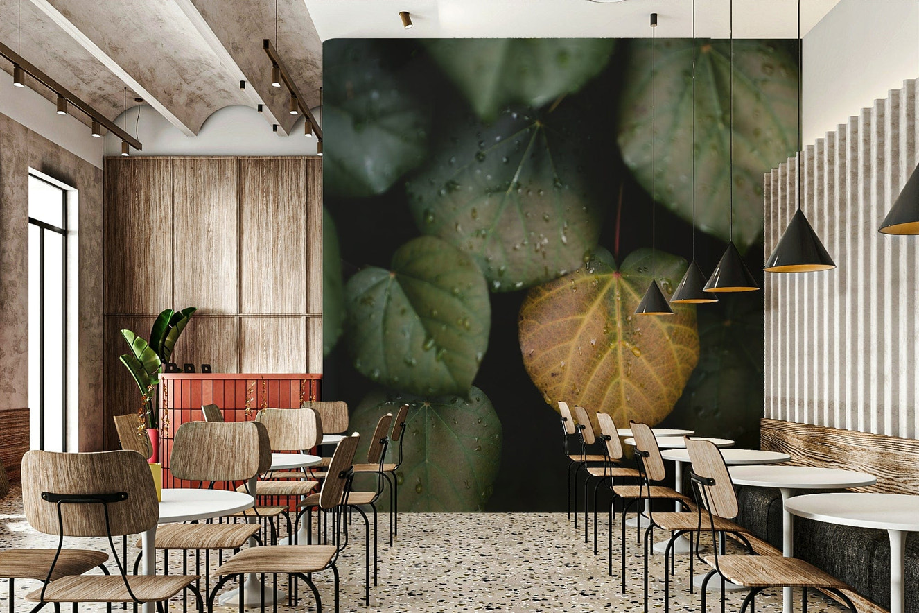 A minimalist interior with the winter leaves wallpaper.

