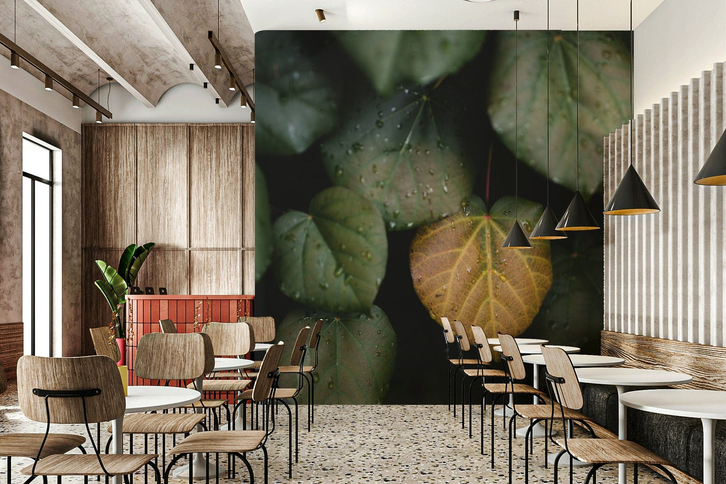 A minimalist interior with the winter leaves wallpaper.

