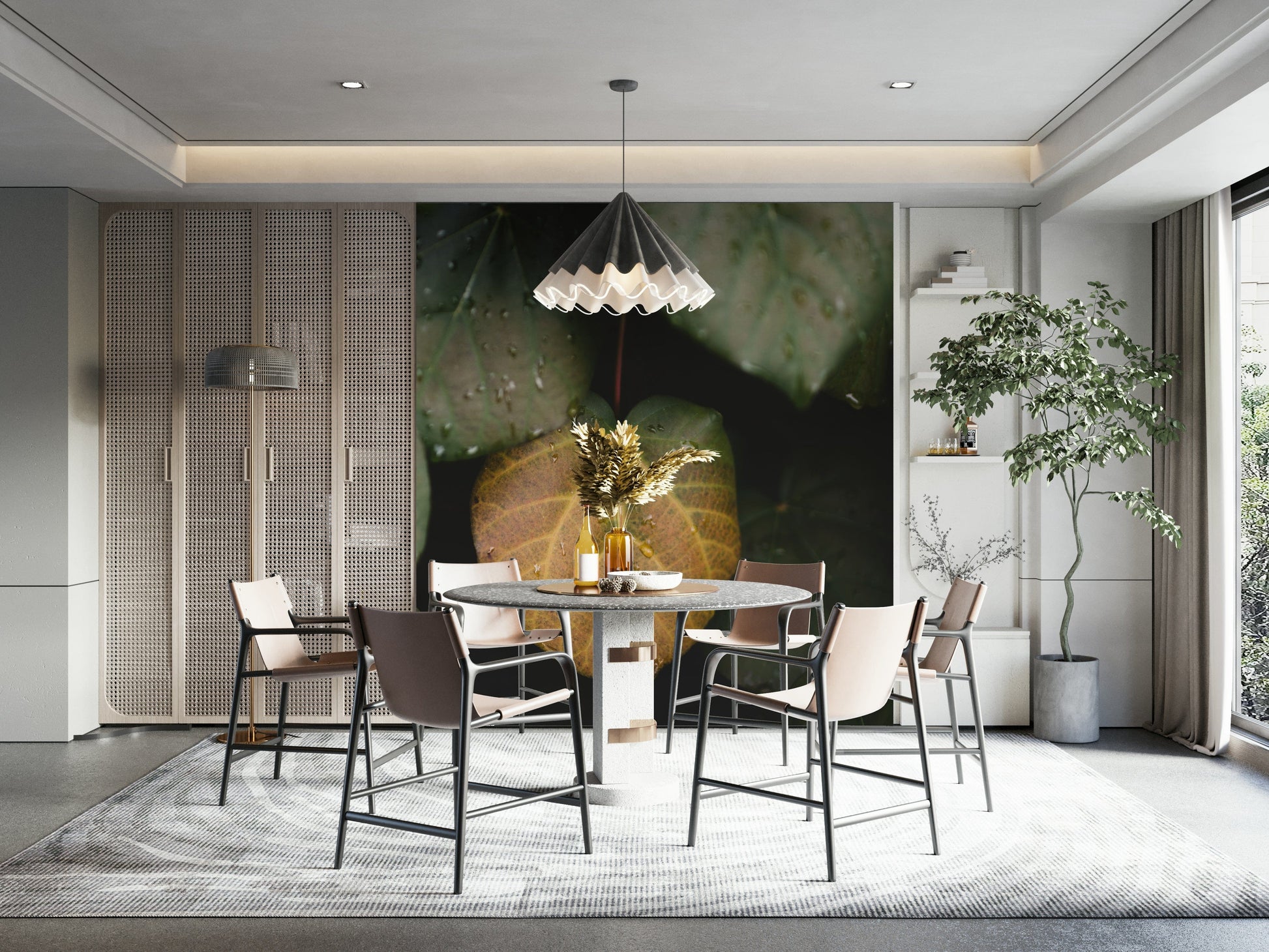A living room featuring the winter leaves wall mural.

