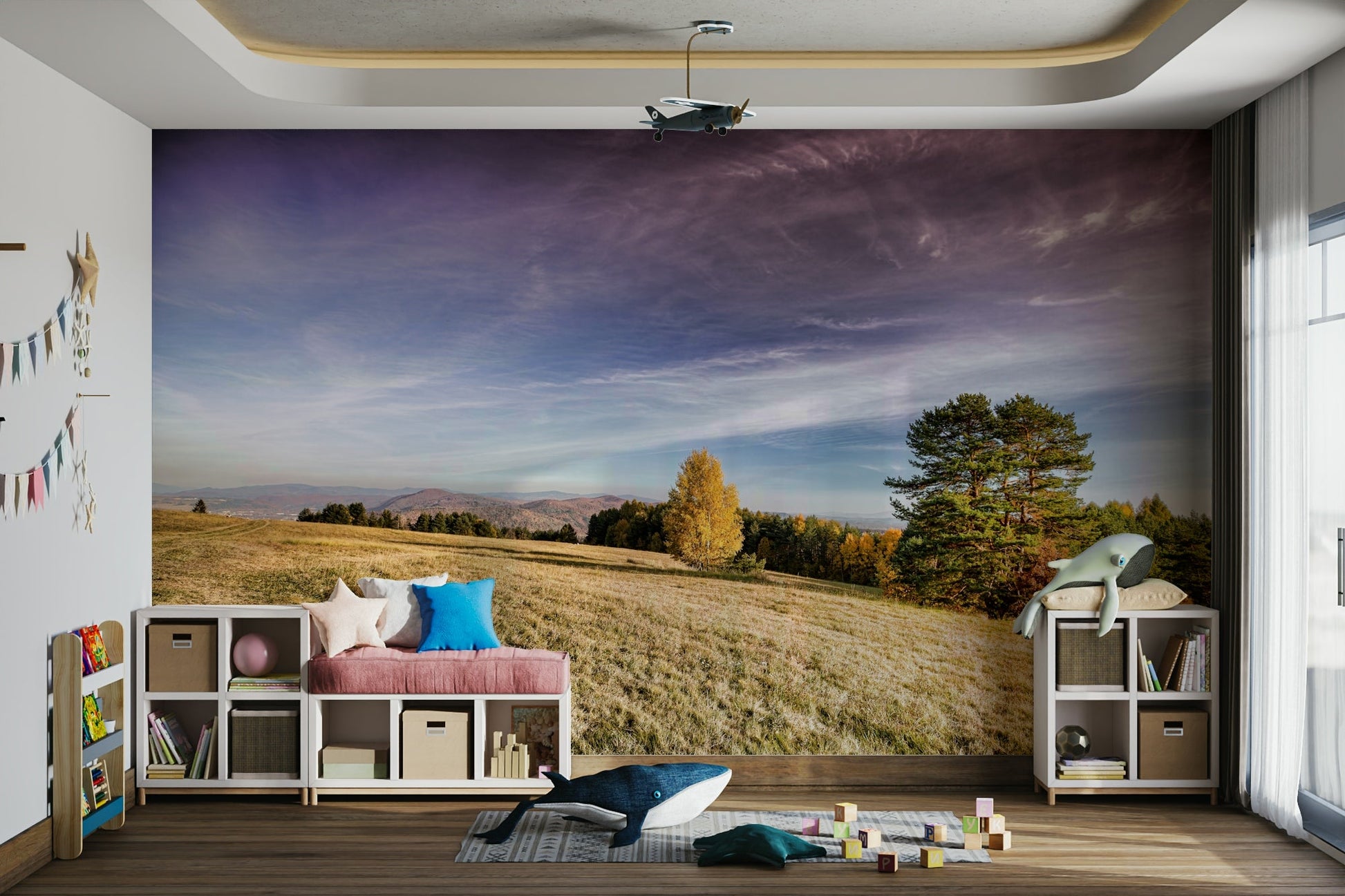 The mural is the focal point on a wall behind a simple, wooden bench.

