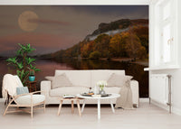 Scenic lake mural with autumn trees for hallway wall decor, modern look