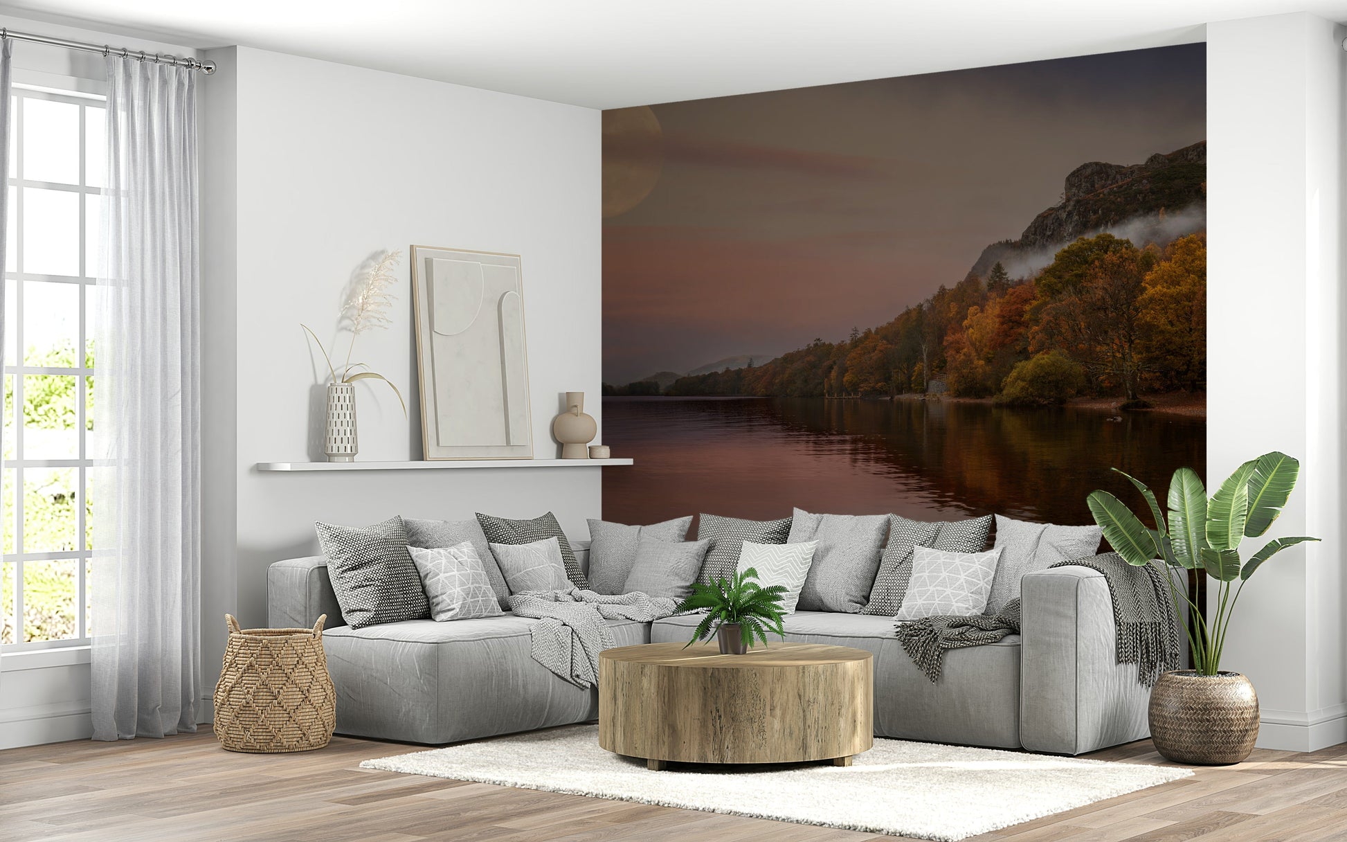 Autumn lake wall mural for apartment entryway, moonlit nature scene