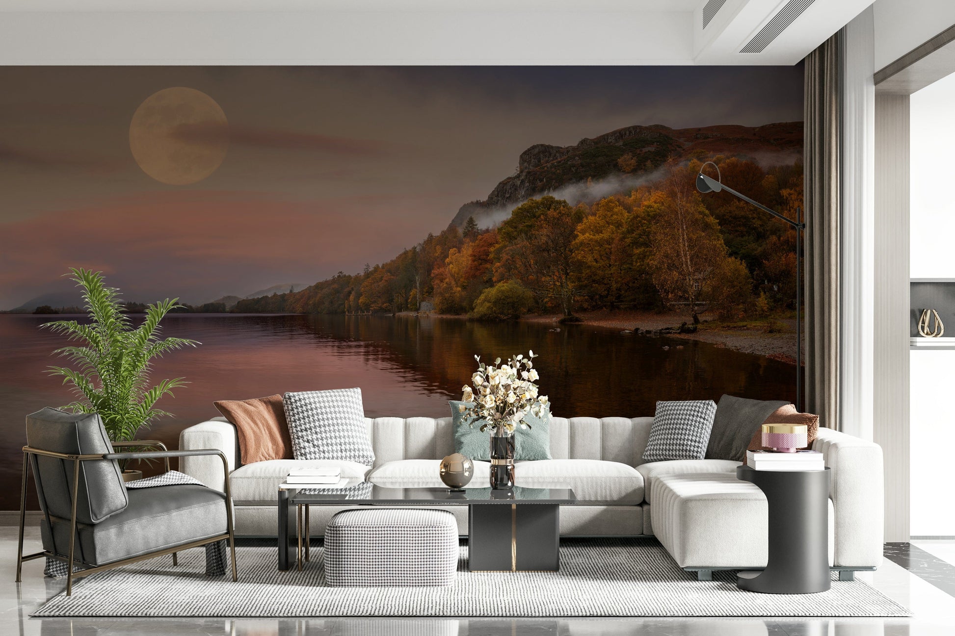 Moody autumn lake wallpaper for apartment bedroom, warm color landscape