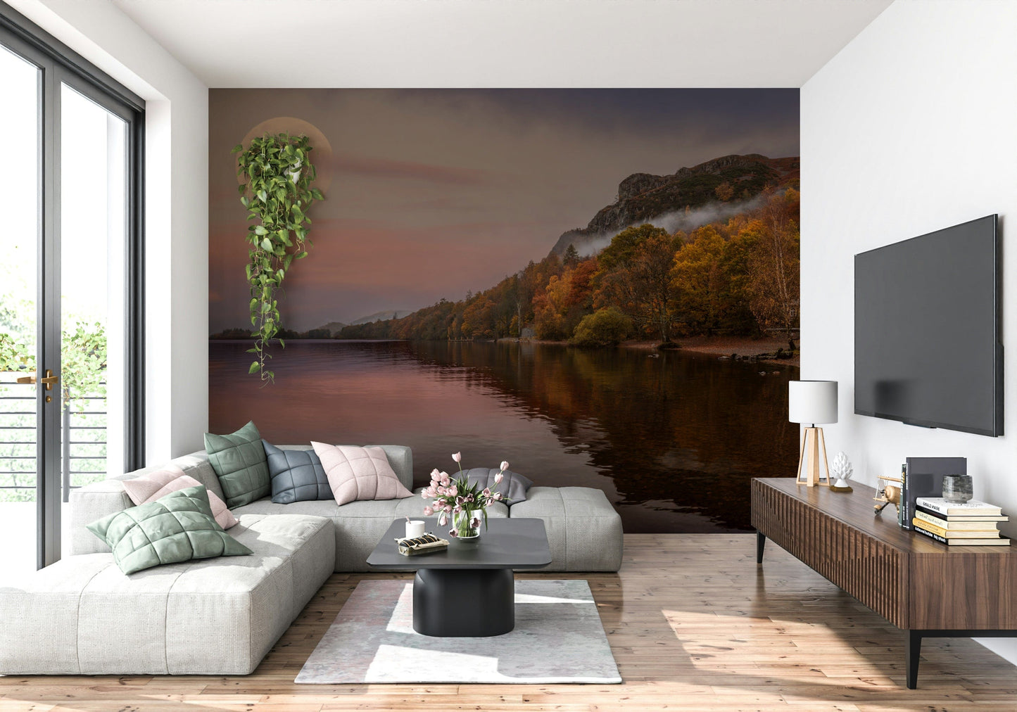 Lake and moon wall mural for nursery or kids room, gentle color scenery