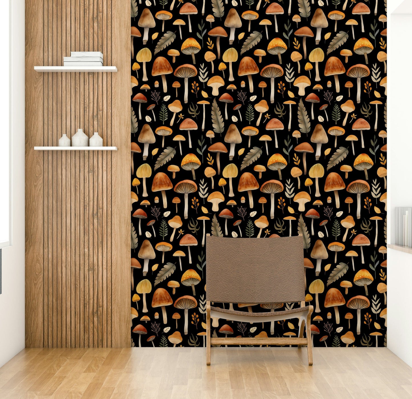 The mushrooms are drawn in a soft, painterly style with colors like red, orange, brown, and cream.

