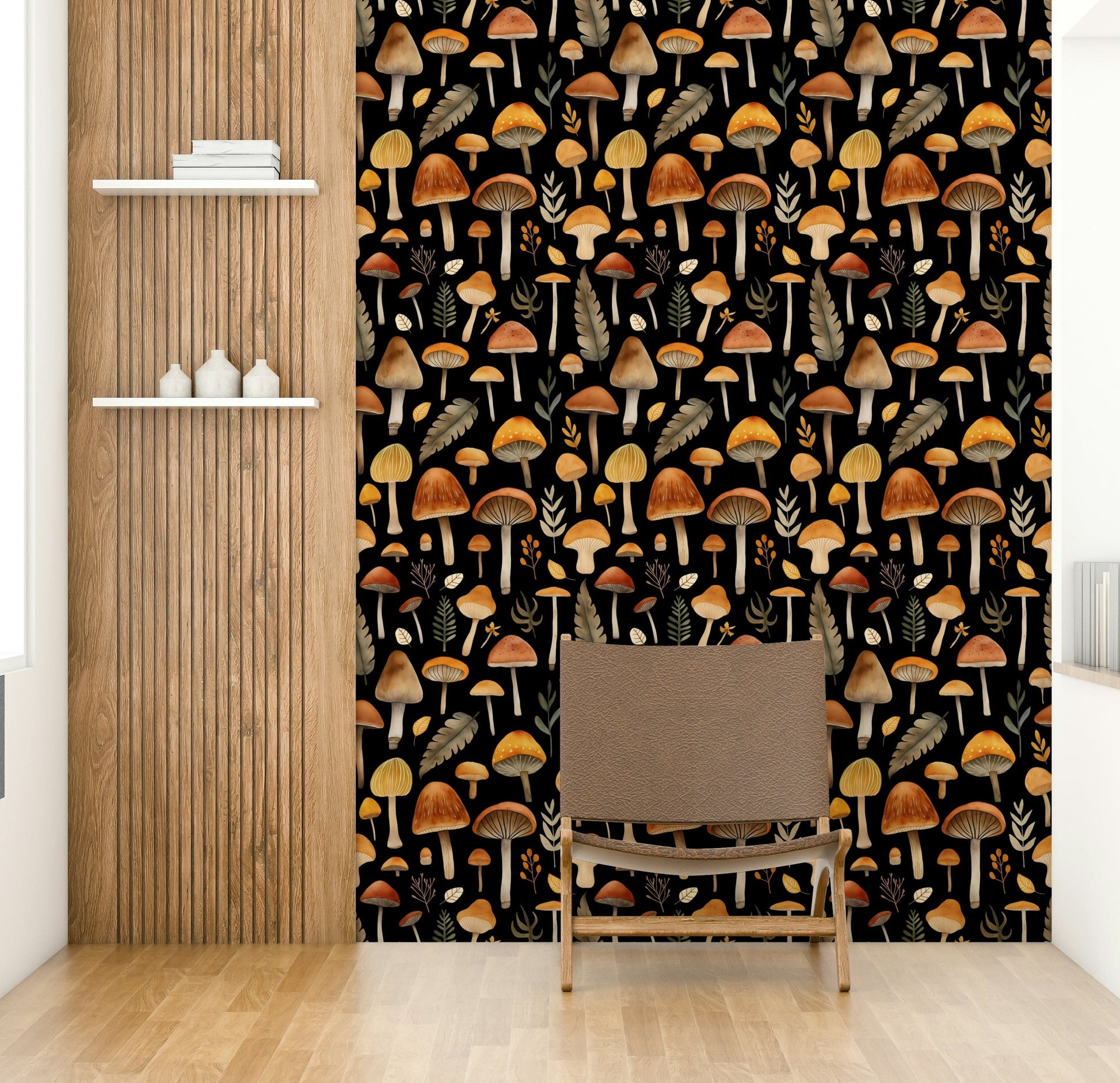 The mushrooms are drawn in a soft, painterly style with colors like red, orange, brown, and cream.
