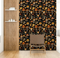 The mushrooms are drawn in a soft, painterly style with colors like red, orange, brown, and cream.
