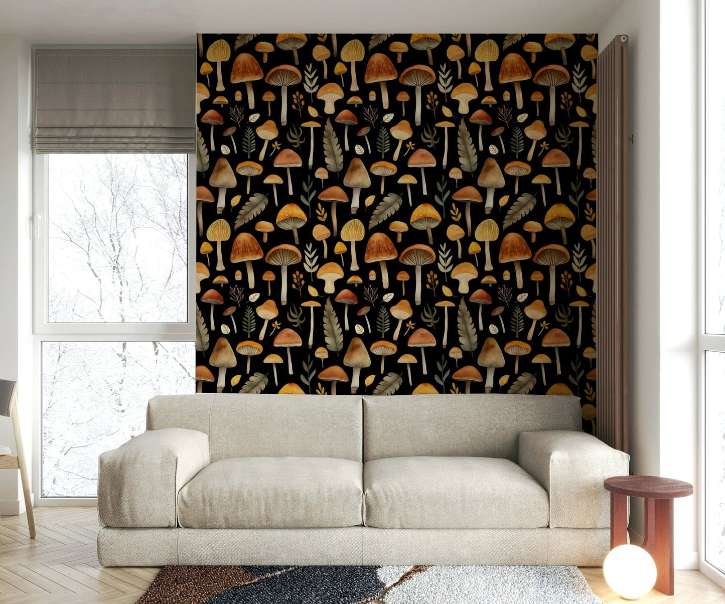 A wallpaper with a whimsical watercolor pattern of mushrooms and foliage.
