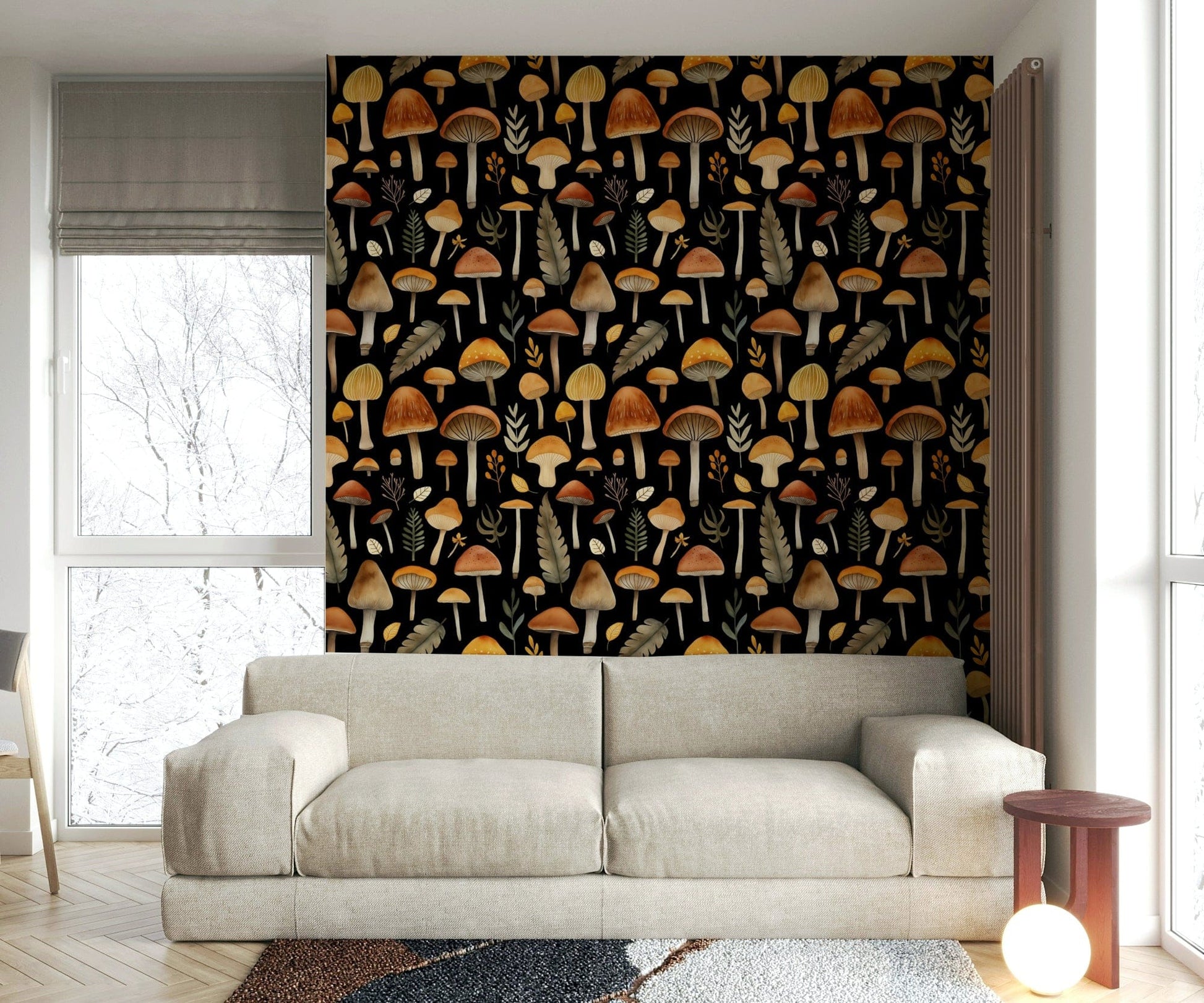 A wallpaper with a whimsical watercolor pattern of mushrooms and foliage.
