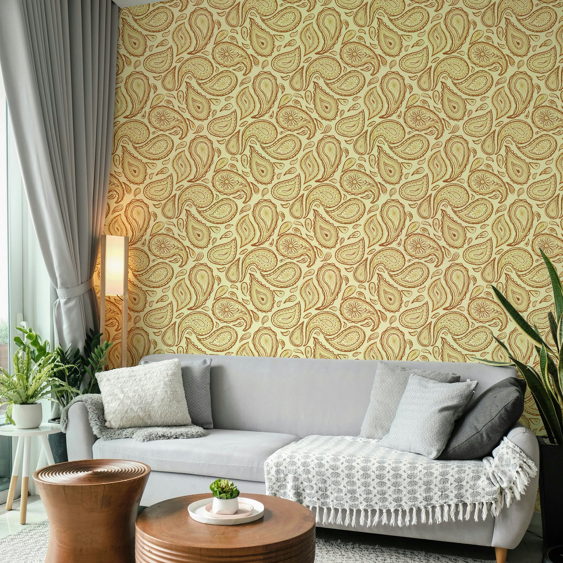 Rustic fall paisley wall mural in earthy hues

