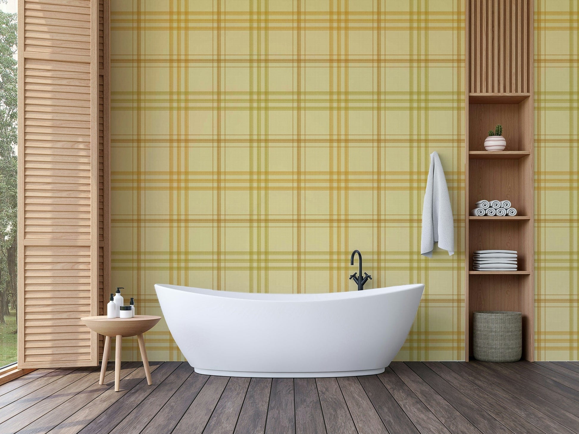 A graceful subtle plaid wall mural in warm, natural tones.

