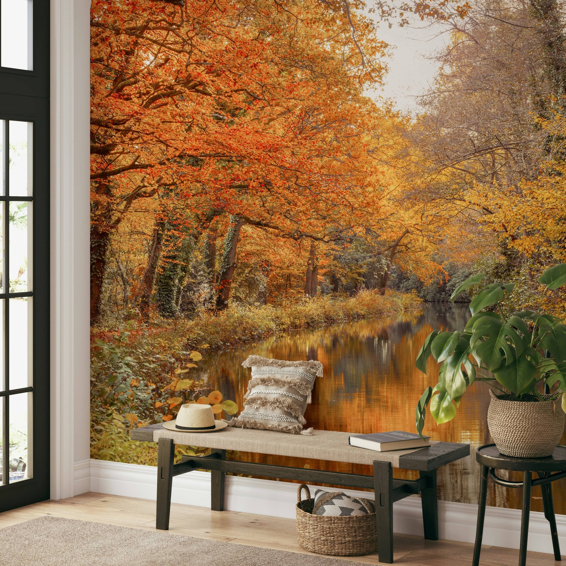 A beautiful autumnal river wallpaper mural with reflections.

