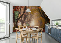 Autumn landscape mural in hallway, tree-lined road, warm colours, modern home décor accent