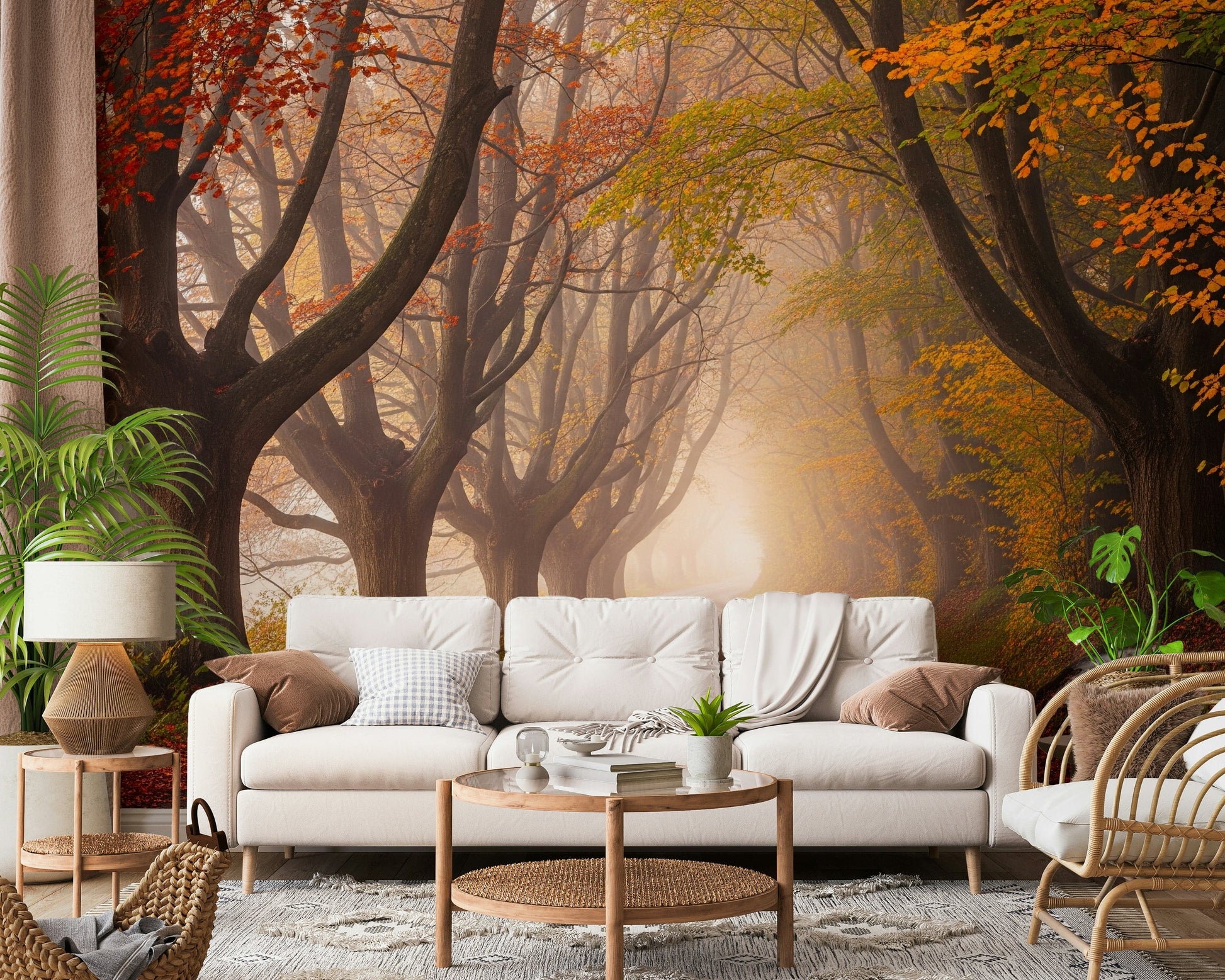 Autumn road wall décor in sitting room, soft sunlight, warm tones, modern interior
