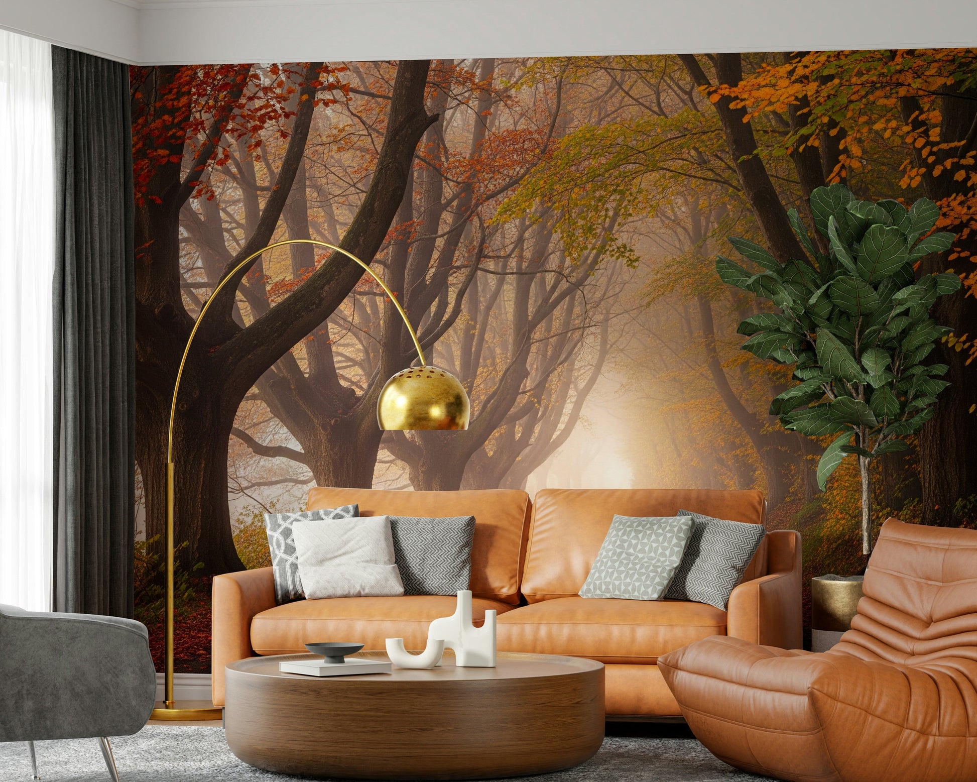 Forest road mural in home office, warm colour leaves and soft light, tidy home décor