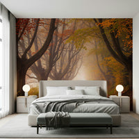 Autumn road wall mural in living room, golden trees and quiet path, feature wall home décor