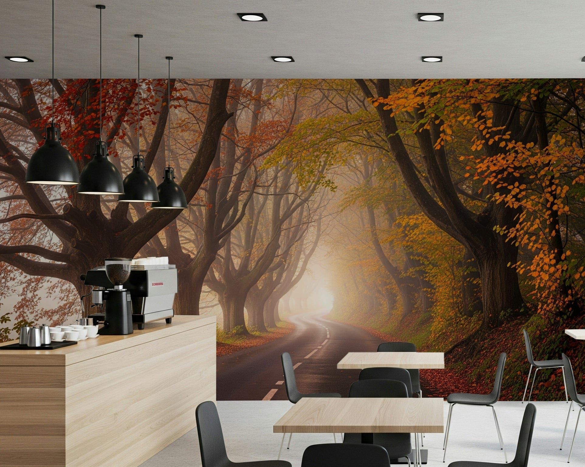 Autumn woodland road mural in reading nook, cosy chair and lamp, warm colour palette