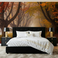Autumnal Road Serenity Wall Mural in guest room, warm foliage colours, relaxing backdrop