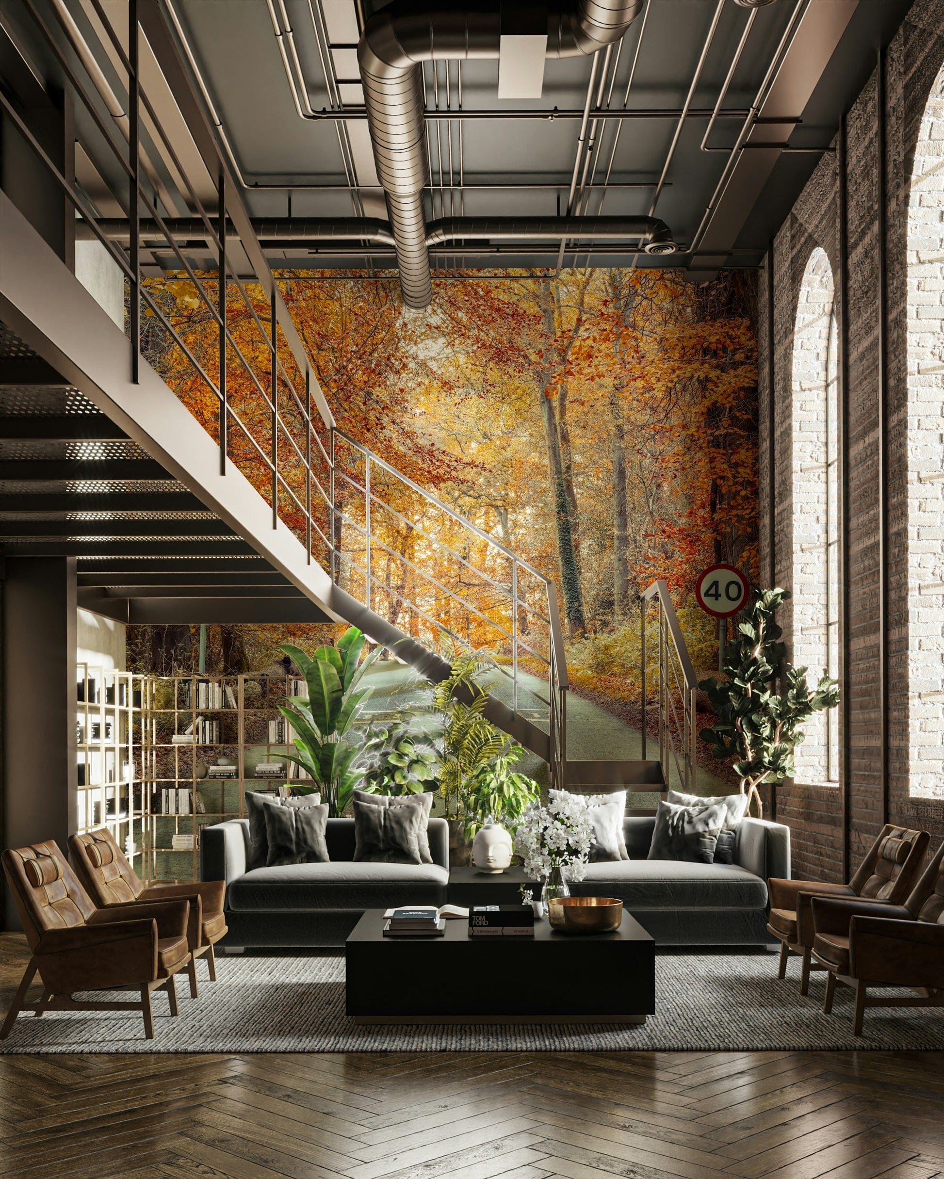 The mural shows a road surrounded by autumn trees.

