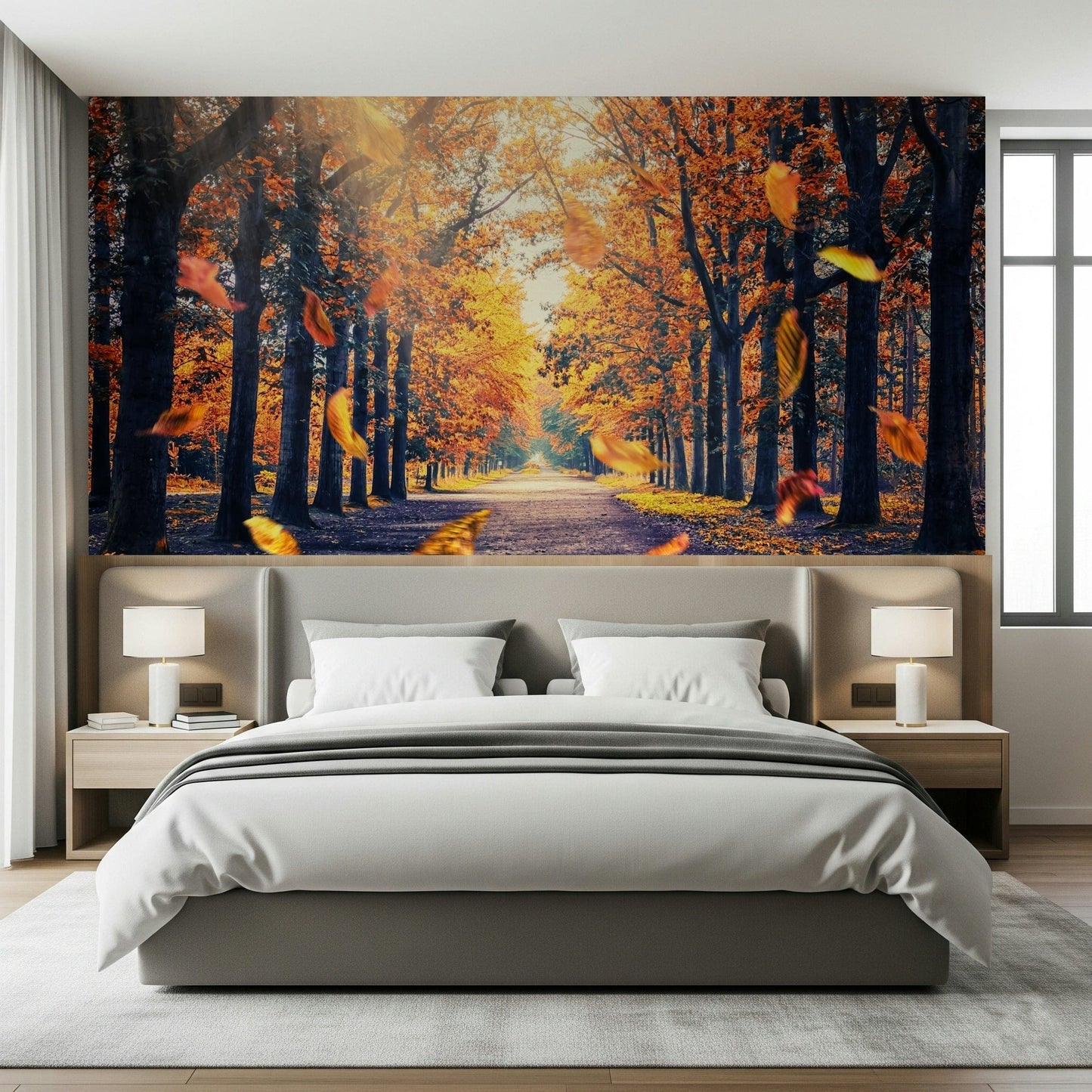 Forest wallpaper capturing a calm autumn path under mature trees