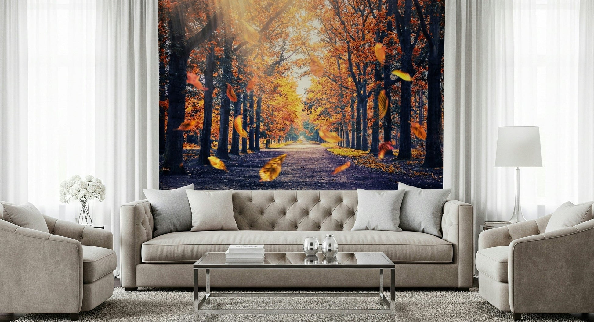 Tree wallpaper showing an autumn forest walkway with rich seasonal colors