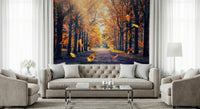 Tree wallpaper showing an autumn forest walkway with rich seasonal colors