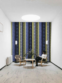 Wallpaper with abstract arrow and plant patterns.

