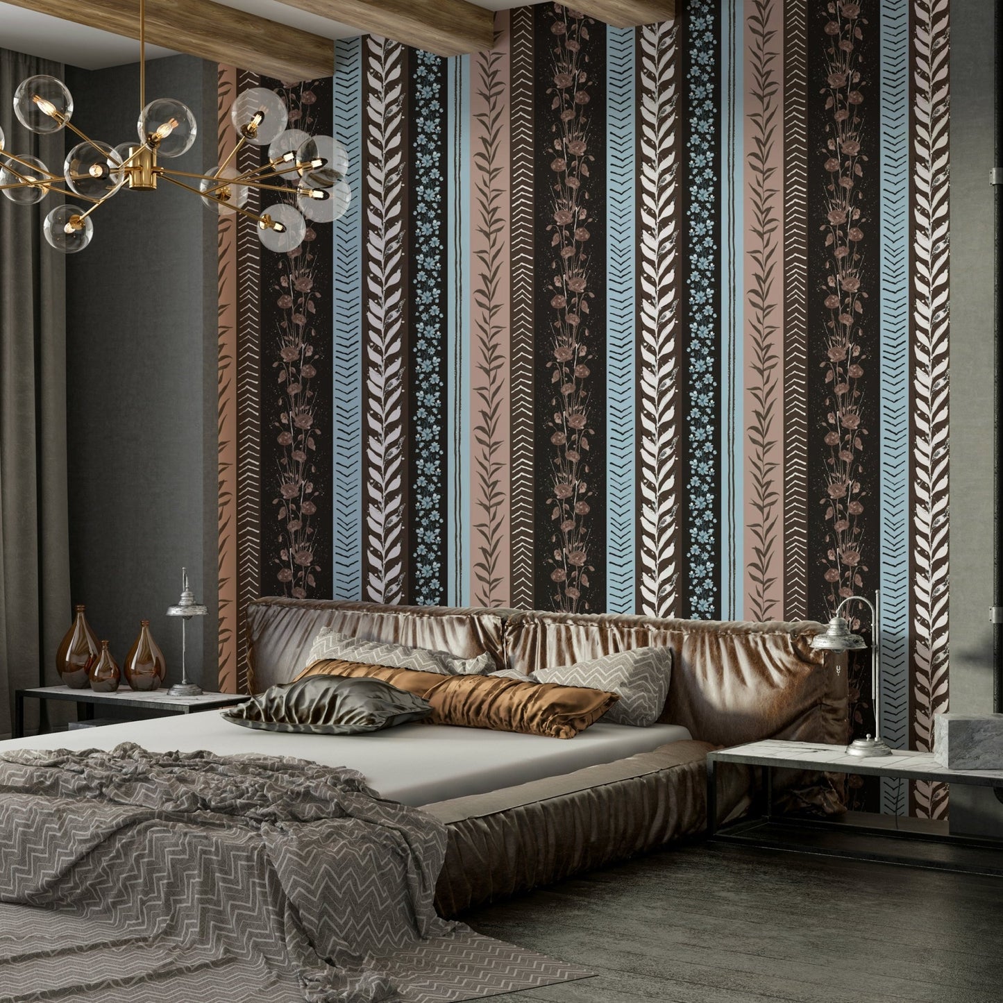 Wallpaper with vertical stripes of different patterns.

