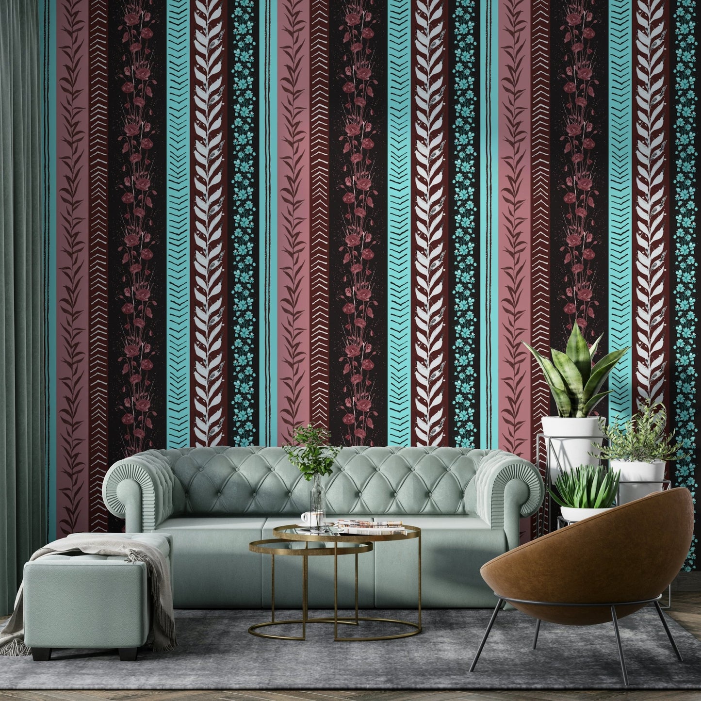 Wallpaper with abstract arrow and plant patterns.

