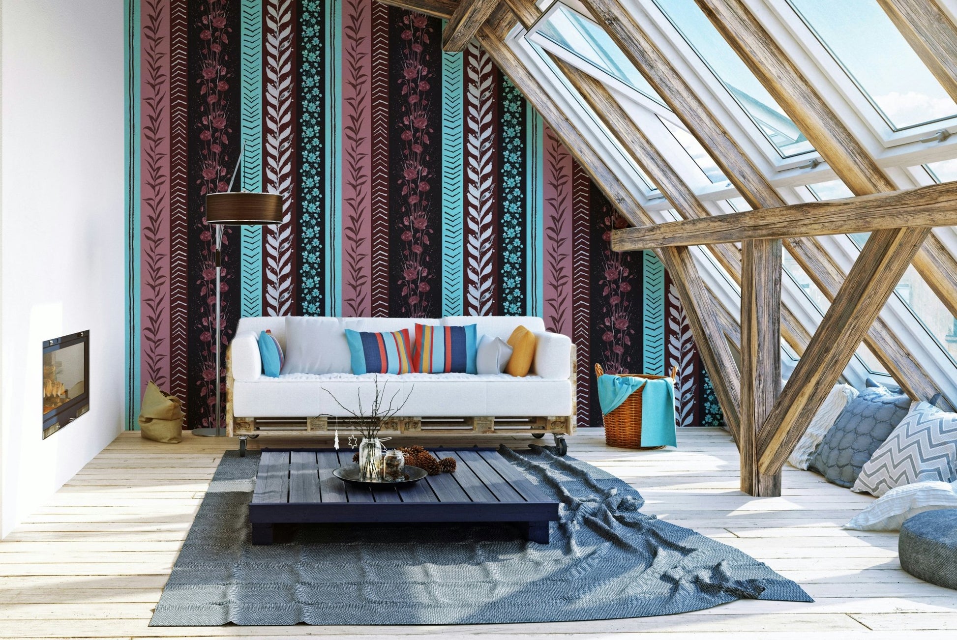 Autumn Stripes mural in a living room.

