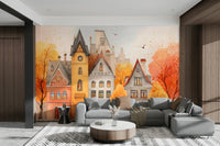 Autumn Town village wall mural

