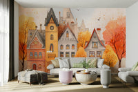Autumn Town watercolor wallpaper for walls

