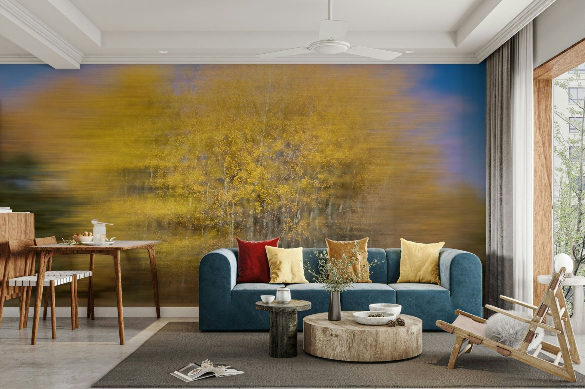 The image uses vertical streaks of warm, autumn colors like orange, red, and yellow.

