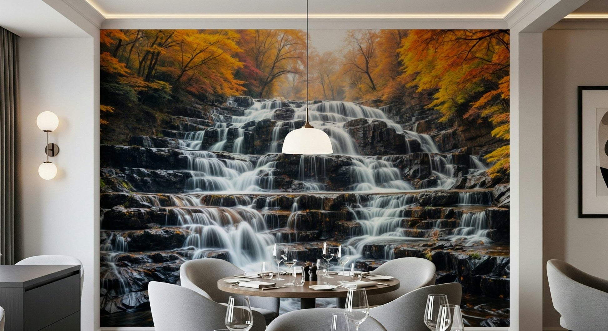 Waterfall mural with orange and gold fall leaves, modern bedroom wall decor backdrop